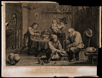 A Flemish surgeon treating an elderly man's foot, an assistant is mixing a concoction with a pestle and mortar in a surgery. Engraving by J. Daullé after D. Teniers, the younger.