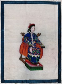 A Chinese woman seated on a dragon-headed chair. Gouache by a Chinese artist, ca. 1850.