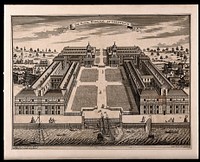 Royal Naval Hospital, Greenwich, with ships in the foreground. Engraving by Sutton Nicholls after himself, 1728.