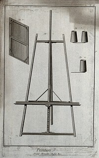 An easel, a canvas on a stretcher and three containers for oil. Engraving by R. Bénard after Bourgeois.