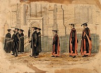 University of Oxford: the Vice Chancellor of Oxford (1852) and the two former ones walking towards a ceremony. Coloured etching, 1852.