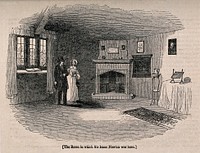 The room in the house in Woolsthorpe, Lincolnshire, where Sir Isaac Newton was born; a man and a woman visiting. Wood engraving, 1839.