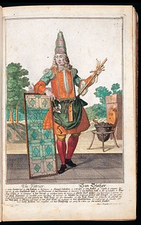 [50 coloured plates / engraved by Martin Engelbrecht, from 18th-cent. German works. These are caricatures of different types of tradesmen and their wives, with the costume, tools, and apparatus of their craft. Among them are an apothecary, a spicer, and a spectacle-maker. The plates are similar to those in Larmessin's 'Album des métiers'. The artists include J.J. Stelzer, P.A. Dagmier, and P.F. Engelbrecht. All the plates except the first two have legends in French and German and appear to be from the same work].