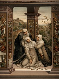 Saint Catherine of Siena receiving the stigmata. Chromolithograph by Storch & Kremer, 1867, after C. Mariannecci after G.A. Bazzi, il Sodoma, 1527.