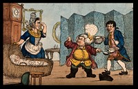 An episode in Tristram Shandy: Dr. Slop with his wig on fire angrily gesticulating to Susannah who holds her nose near the wounded baby Tristram Shandy. Coloured etching after H.W. Bunbury after L. Sterne.