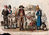 A market with a man carrying pails of milk, a woman selling vegetables to a sapeur-pompier (fireman), and a woman selling fish to a man as a soldier looks on. Coloured aquatint by R.B. Peake.