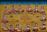 Fourteen couples with sacrificial vessels perform a yagna, a fire sacrifice, an old vedic ritual where offerings are made to the god of fire, Agni. Gouache painting by an Indian artist.