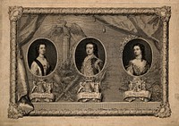 Margaret Duchess of Portland, William Duke of Portland, and Lady Mary Wortley Montagu, in ovals, with emblematic and heraldic devices. Line engraving by G. Vertue 1739, after C.F. Zincke, 1738.