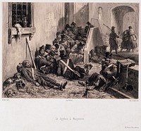 Soldiers suffering from typhus, lying in the streets. Lithograph by E. Leroux after A. Raffet.