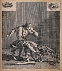 A man in a workshop with a hand over his eyes in anguish while dropping a sharp tool with the other hand; two details of eyes appear in the top corners. Line engraving.