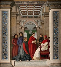 The inauguration of the Vatican Library by Pope Sixtus IV: Platina (kneeling) is appointed librarian. Chromolithograph after Melozzo da Forli.