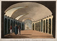 Gentlemen visiting the vaults in the Capuchin tombs of Palermo. Coloured aquatint by J.C. Stadler after Cooper Willyams.