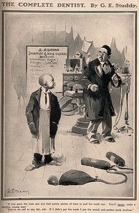A dentist telling off his black assistant for not extracting a tooth, the assistant retorts that instead of the tooth he got the patients's watch and pocket book. Process print after G.E. Studdy.