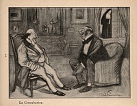 A doctor and his patient laugh during a consultation; behind, a nun stands by the door. Process print after J-A. Faivre, 1902.