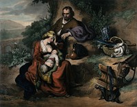The flight into Egypt. Lithograph by F. Hanfstaengl, 183-, after F. Bol, 1644.