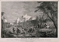 A country village: people feast round a table while others walk home in drunken groups. Etching by P. Chedel after A. Watteau.
