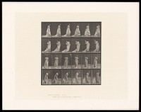 A clothed woman bending to her right to grasp the train of her dress and then turning. Collotype after Eadweard Muybridge, 1887.