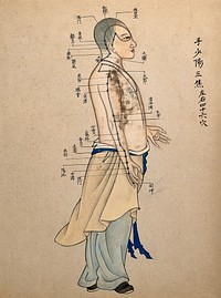 Acupuncture chart with a series of points indicated on the figure of a standing Chinese man. Watercolour.