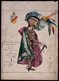 A skeleton in fine attire. Lithograph, 18--.