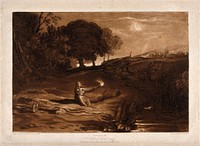 Rizpah keeps watch in the tranquil night over the decaying bodies of her sons. Mezzotint by R. Dunkarton and J.M.W. Turner, 1812, after the latter.