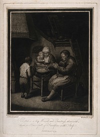 A poor family praying before eating their simple evening meal. Mezzotint by W. Baillie, 1784, after A. Ostade.