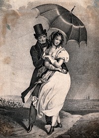 A young couple walk along the road and the man holds an umbrella over the young woman to protect her. Lithograph.