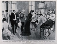 The London Hospital, Whitechapel: King Edward VIII and Queen Alexandra in the Finsen Light room. Process print after a drawing by A. Forestier, c.1903.