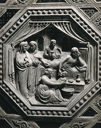 The Orcagna tabernacle, Orsanmichele church, Florence, Italy: the birth of the Virgin. Photograph by Giacomo Brogi  ca. 1870, of a marble bas-relief by Orcagna, ca. 1359.