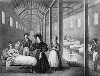 A French lady visiting cholera sufferers in hospital. Lithograph by Adèle Prieur, 1832.