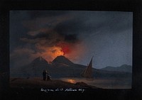 Mount Vesuvius in eruption at night, showing the Bay of Naples in the foreground with a sailing boat, and spectators on the opposite shore. Painting in gouache, 1829.