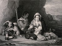 A soldier's family rest in a small cove, his wife amuses the children while he sleeps. Engraving by W. Greatbach, 1830, after R. Edmonstone.