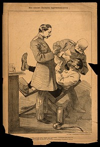 A German military dentist pulls a tooth from an agonised soldier. Reproduction of a lithograph by J. Braakensiek, 1892.