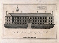 The front elevation of Bromley college, coat of arms and scale key, Kent. Line engraving by Bayly after himself.