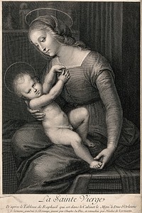 Saint Mary (the Blessed Virgin) with the Christ Child. Line engraving by C. Duflos and N. de Larmessin after Raphael.