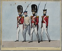 Handcuffed Lord Durham is guarded by Lord Melbourne and the Duke of Wellington as grenadiers and Lord Melbourne as a light-infantryman. Coloured lithograph by H.B. (John Doyle), 1839.
