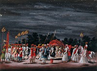 A wedding procession by night; a groom sitting in a palanquin, preceded by musicians, torch-bearers, guards and attendants. Gouache painting by an Indian artist.