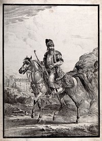 A Persian (or Russian) nobleman/warrior in traditional dress, riding a horse, with two men, also on horse-back, following behind. Lithograph after A.O. Orlovski, ca. 1821.