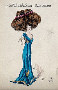 A woman with her hair dressed in an enormously high chignon crowned with a circle of pink flowers. Coloured line block by R. Ravót .