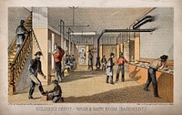 New York State Soldiers' Depot, New York City: wash and bath room. Colour lithograph, 1864.