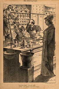 The Dutch maid (De Nederlandse Maagd), personifying the Netherlands asks an apothecary whether a medicine might not be poisonous; symbolising doubts over a new Dutch tax law; he replies no, a babe-in-arms could take it. Process print after J. Braakensiek, 1890.