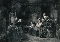 A family sits and listens to a letter from emigrants being read to them by a young man. Process print after Thomas Faed.