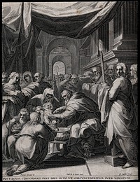 Christ is circumcised in a crowded church. Engraving by A. Sadeler after J. Speeckaert.