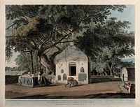 Banyan tree with Hindu shrine at Gaya, Bihar. Coloured aquatint by T. Daniell, 1796.