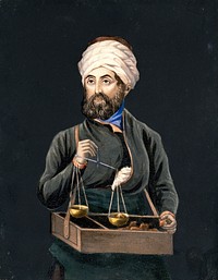 A man in Turkish dress weighing rhubarb for sale. Gouache.