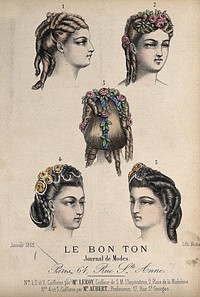 The heads of five women with braided and ringletted hair dressed with flowers and beads. Coloured lithograph by Michelet, 1865.