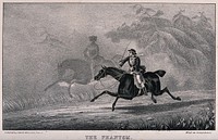 The highwayman Dick Turpin, on horseback, sees a phantom riding next to him. Lithograph by W. Clerk, ca. 1839.