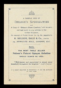 Nelson's specialities : sold by all grocers, chemists, Italian warehousemen, and stores throughout the world : Geo. Nelson, trade mark / G. Nelson, Dale & Co.