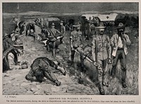 Boer War: British ambulance men taking the dead and wounded blindfolded behind enemy lines. Reproduction of a watercolour by F.J. Waugh, 1900.
