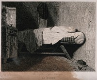 A covered corpse lying on a bed. Etching by Ch. Chaplin, 1852, after A.G. Decamps.