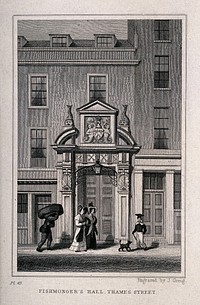 Fishmongers' Hall, Thames Street, London: the entrance to the hall, with elaborate allegorical carving above the doors, two fashionable ladies, a scholar and a coal-heaver in the street. Engraving by J. Greig after T. H. Shepherd, 1830.